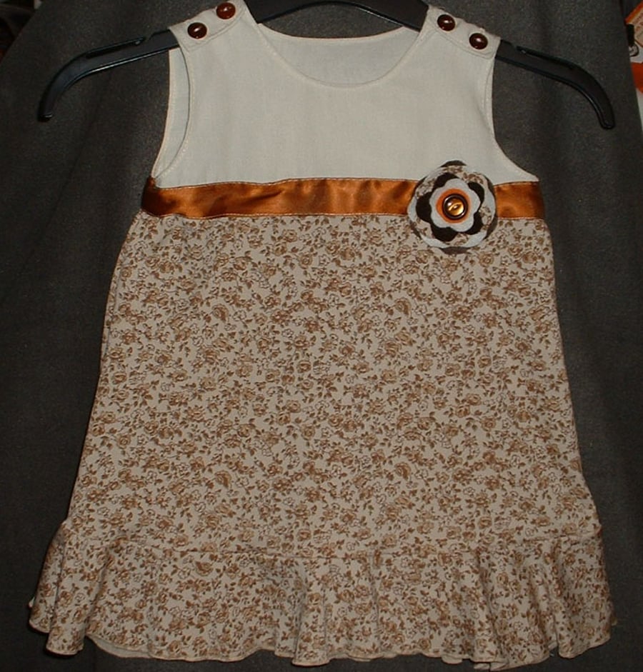 Handmade baby - toddlers dress with flower detail in cream & brown
