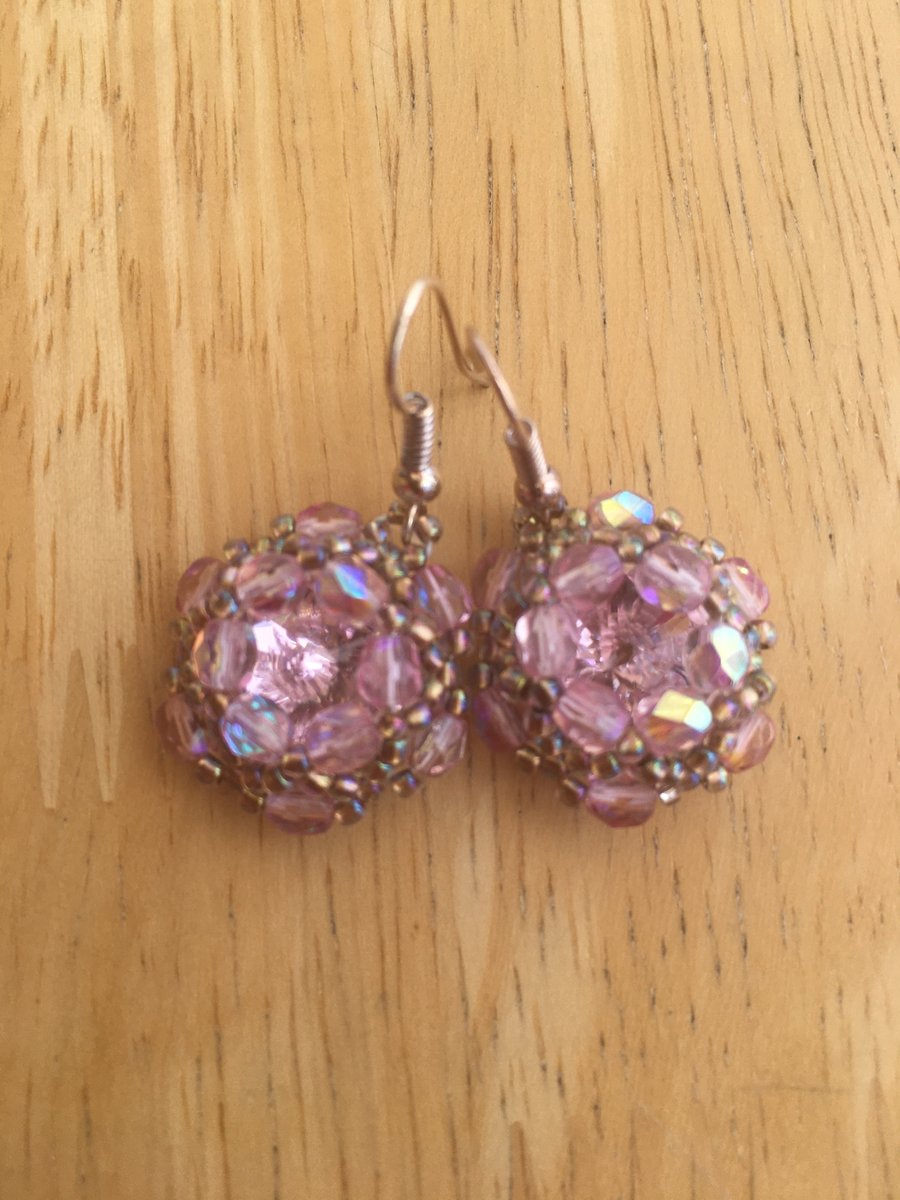 Pretty, Pink Dangle Crystal Beadwork Earrings