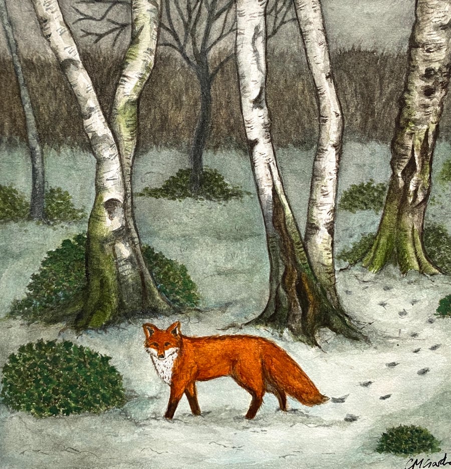 "Curious Fox in the Winter Woodland" Watercolour Greeting, Christmas Card (Blank