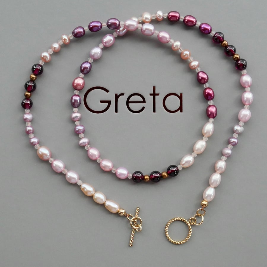 Mixed Pink Pearl Necklace with Garnets and Quartz - 14k Gold Filled Toggle Clasp