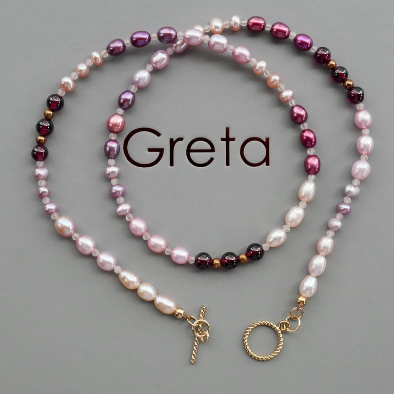 Mixed Pink Pearl Necklace with Garnets and Quartz - 14k Gold Filled Toggle Clasp