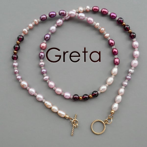 Mixed Pink Pearl Necklace with Garnets and Quartz - 14k Gold Filled Toggle Clasp