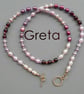 Mixed Pink Pearl Necklace with Garnets and Quartz - 14k Gold Filled Toggle Clasp
