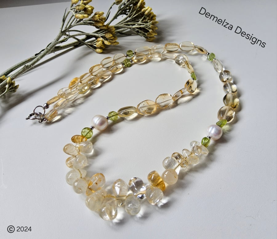 Citrine, Peridot & Freshwater Pearl Sterling Silver Necklace Charity Donation 