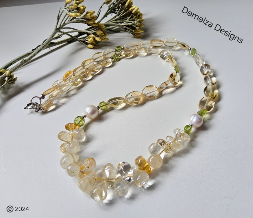 Citrine, Peridot & Freshwater Pearl Sterling Silver Necklace Charity Donation 