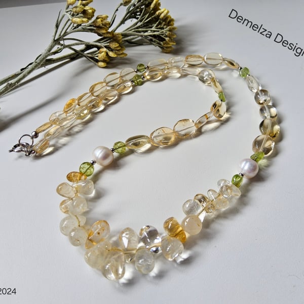 Citrine, Peridot & Freswater Culture Pearl Sterling Silver Necklace 