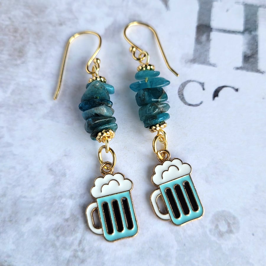 Oktoberfest Earrings, Apatite Gemstone Beading, Stein, Bierkrug Charms, Blue