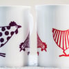 Fine Bone China Mug with chickens or hens inspired by Indian woodblock prints.