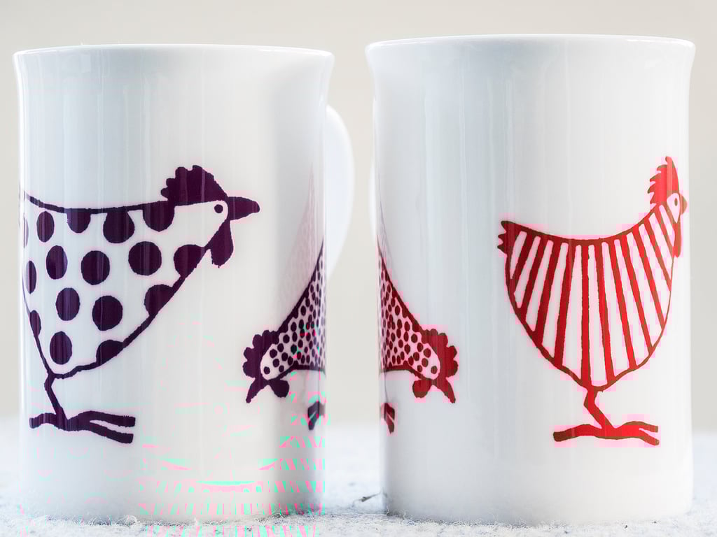 Fine Bone China Mug with chickens or hens inspired by Indian woodblock prints.