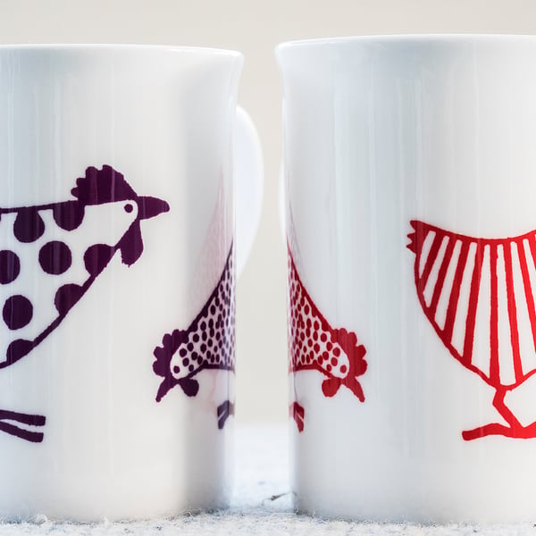 Fine Bone China Mug with chickens or hens inspired by Indian woodblock prints.