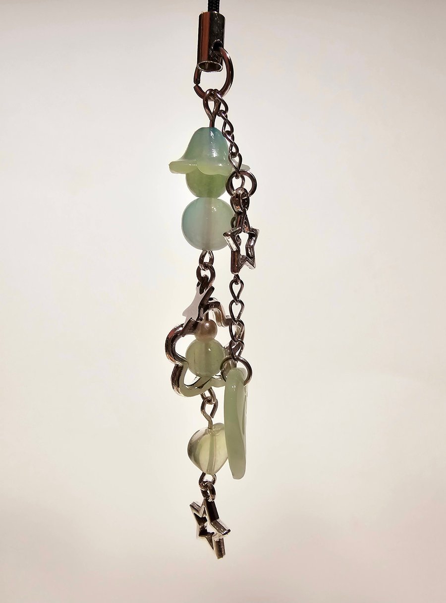 green flower phone charm, handmade cute keychain, glass flower purse charm 