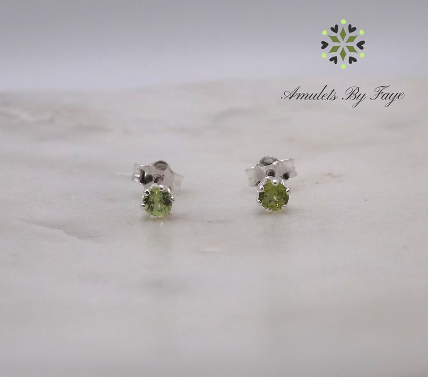 Peridot Facet 3mm Gemstone 6 Prong Sterling Silver Stud Earrings.
