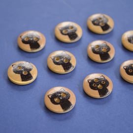 15mm Wooden Cat Buttons Beige Black 10pk Pussy Kitten Kitty (SCT7)