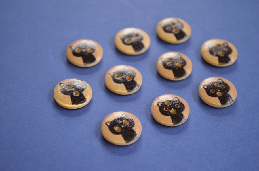 15mm Wooden Cat Buttons Beige Black 10pk Pussy Kitten Kitty (SCT7)