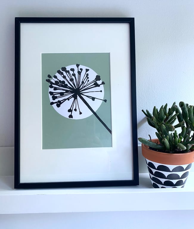 Botanical art, Garden Allium, seed head, shadow painting, handmade art, green