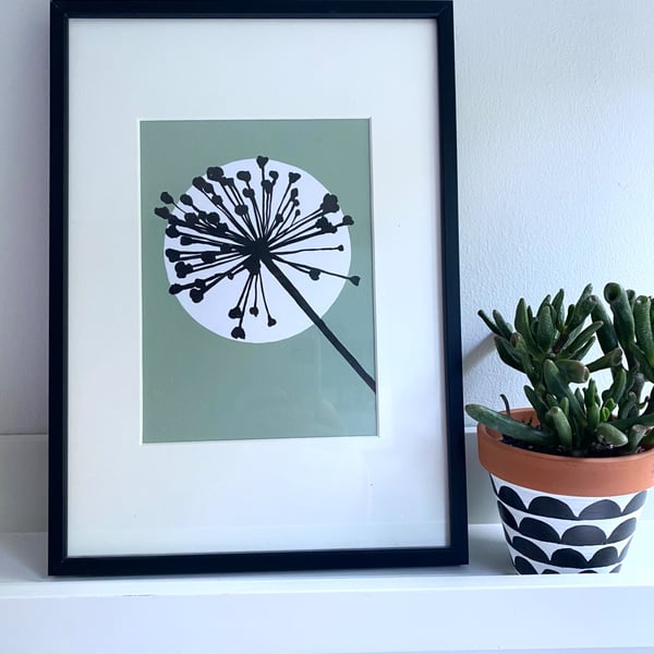 Botanical art, Garden Allium, seed head, shadow painting, handmade art, green