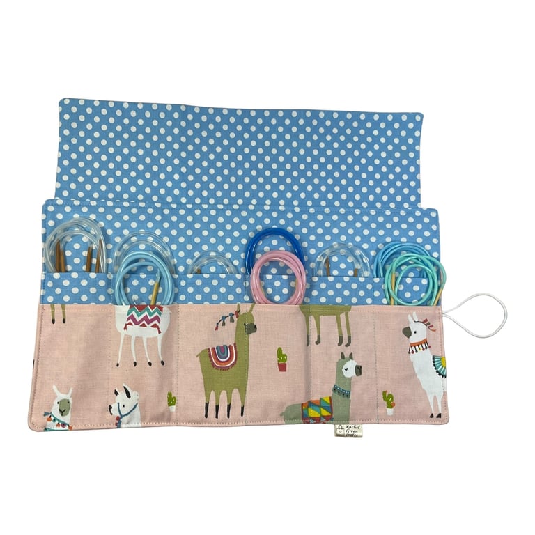 Circular knitting needle case with llamas, fixed circular sock needles storage