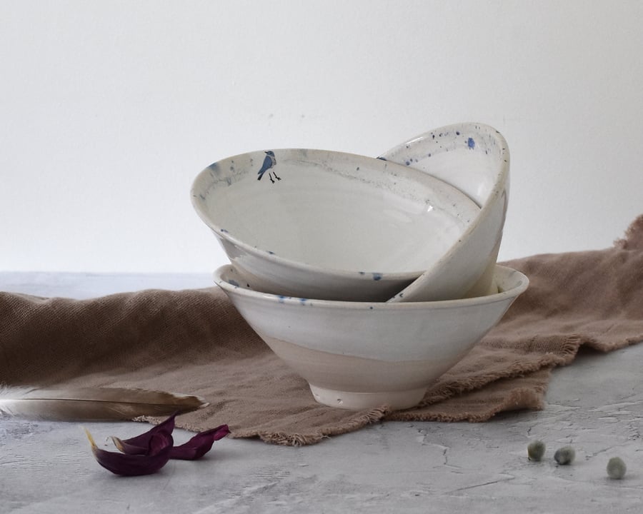 Handmade ceramic bowl with bird lovely for cereal, dessert and nibbles