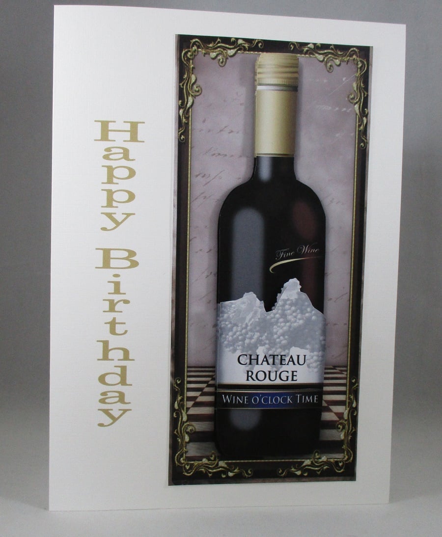 Bottle of Red Wine Birthday Card, 3D,Decoupage,Personalise