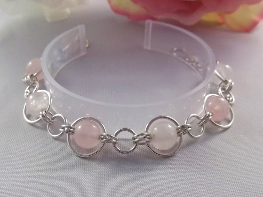 Rose quartz gemstone bracelet silver circles heart chakra love nurturing