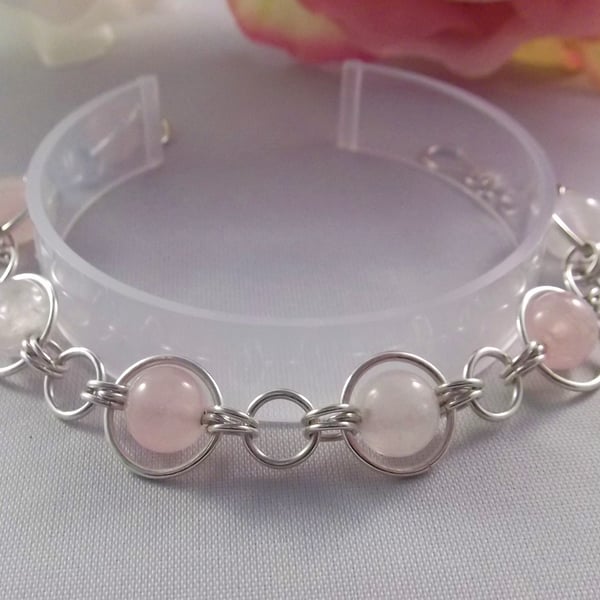 Rose quartz gemstone bracelet silver circles heart chakra love nurturing