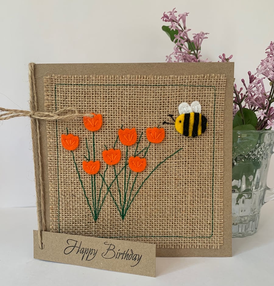 Birthday Card. Orange flowers with a bee. Wool Felt. Handmade. 