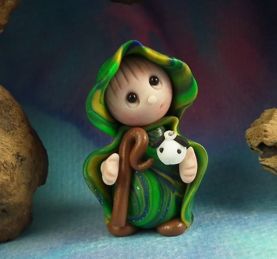 Tiny Sheep Farmer Gnome 'Denny' Shepherd OOAK Sculpt Ann Galvin