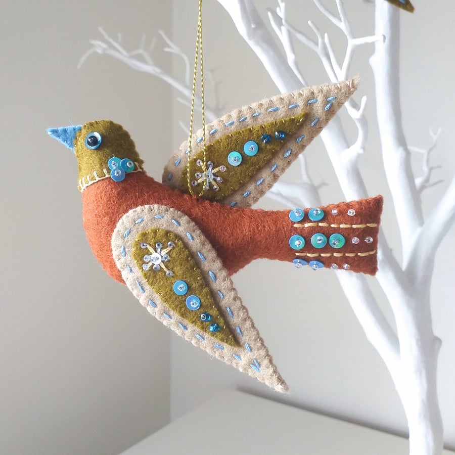 Wool Felt Bird ornament, Christmas tree decoration, mmmcrafts Snowbird ornament