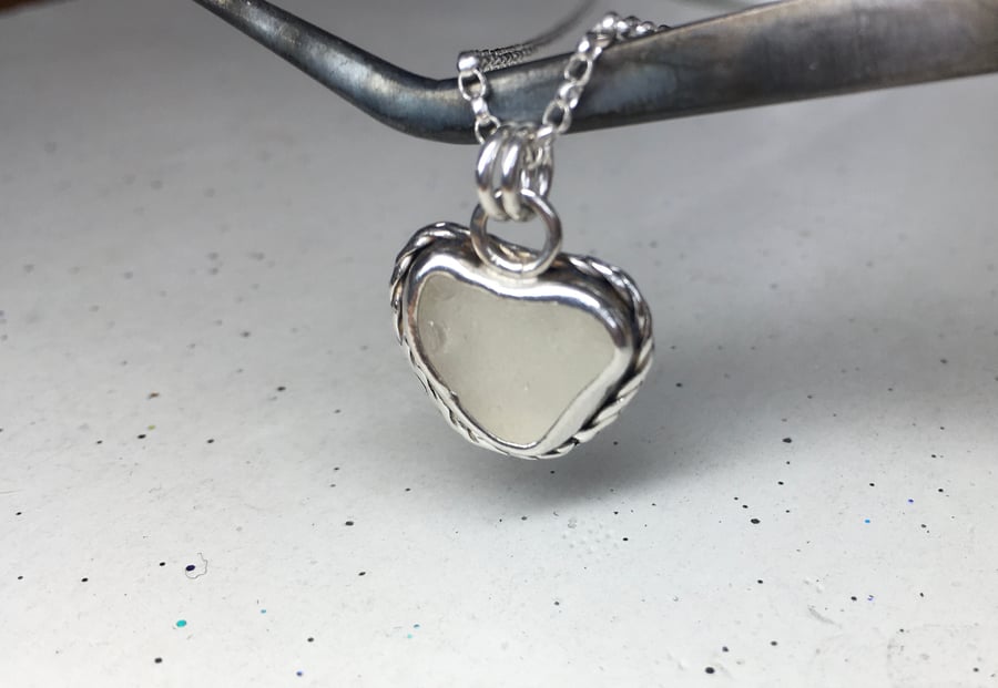 Welsh Handmade Warm-Grey Heart Sea Glass & Silver Pendant & Necklace