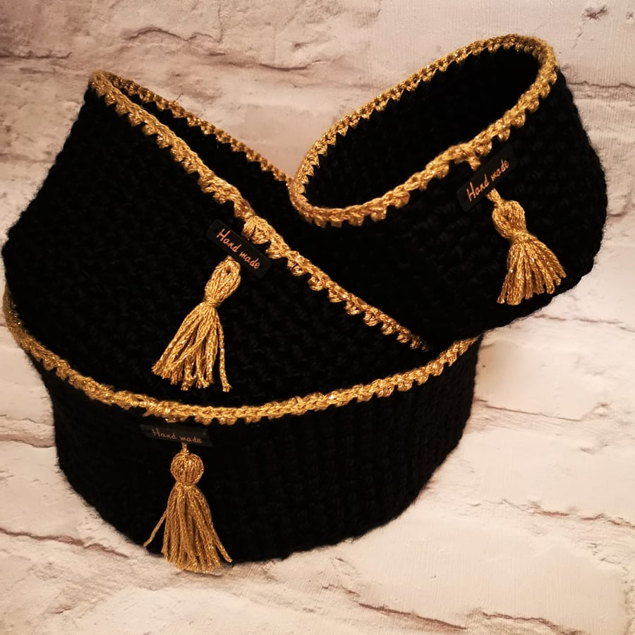 Hand Crocheted Nesting Baskets  in Black and gold (set of 3) 