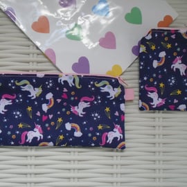 Rainbow Unicorn Gift Set Purse & Small Make Up Bag or Pencil Case.