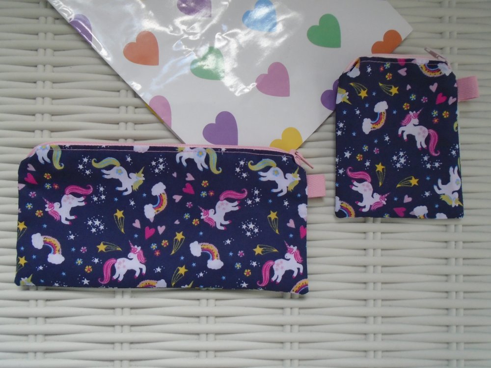 Rainbow Unicorn Gift Set Purse & Small Make Up Bag or Pencil Case.