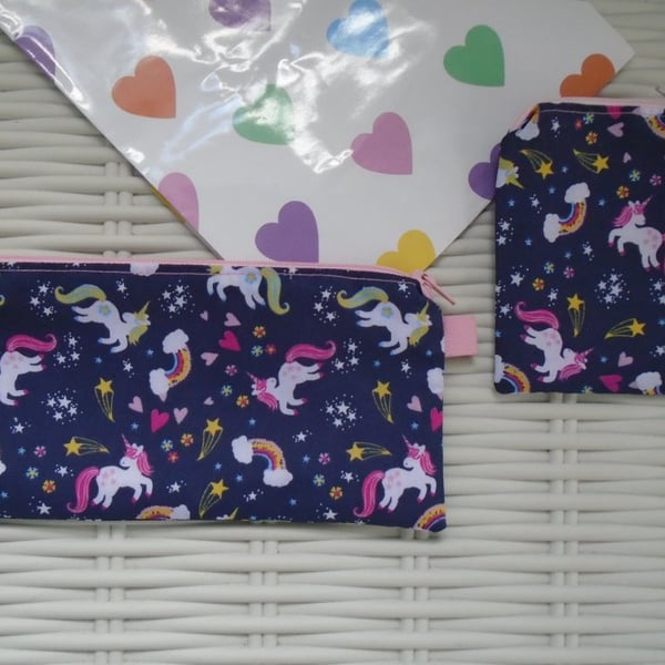 Rainbow Unicorn Gift Set Purse & Small Make Up Bag or Pencil Case.