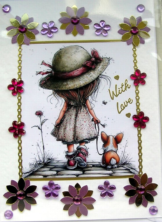 Girl walking Corgi Puppy - Hand Crafted Decoupage Greeting Card - With Love 3196