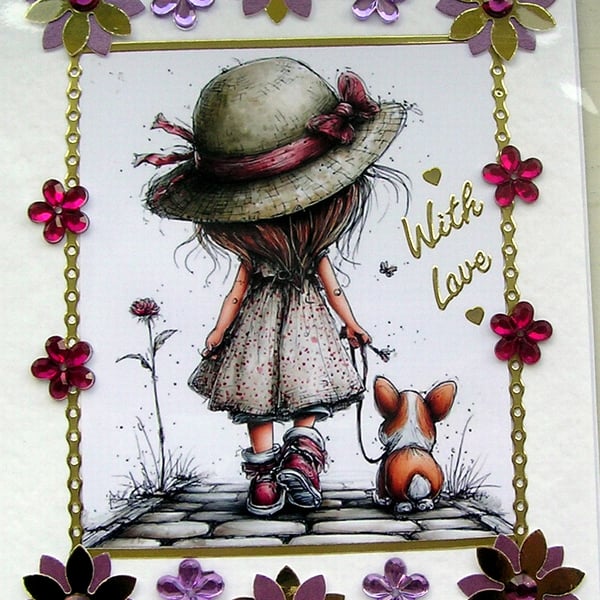 Girl walking Corgi Puppy - Hand Crafted Decoupage Greeting Card - With Love 3196