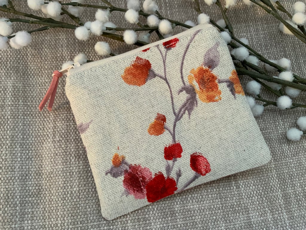 Fabric Coin Purse, Money Pouch, Zipped Purse, Purse, Card Holder, Red Rose