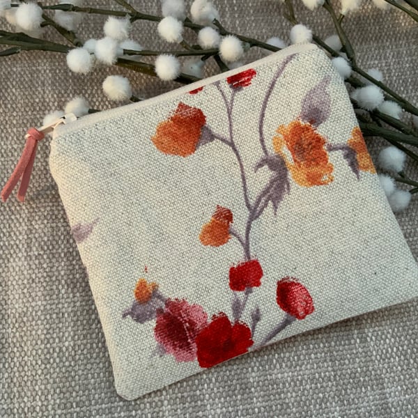 Fabric Coin Purse, Money Pouch, Zipped Purse, Purse, Card Holder, Red Rose
