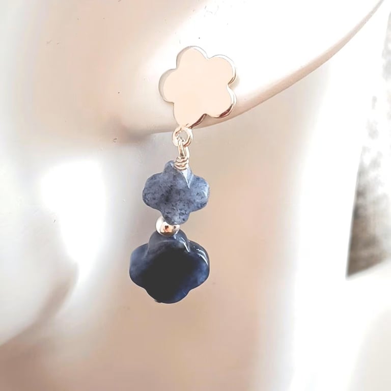 Blue Jasper Gemstone 4Leaf Clover 925 Sterling Silver Flower Dangle Stud Earring