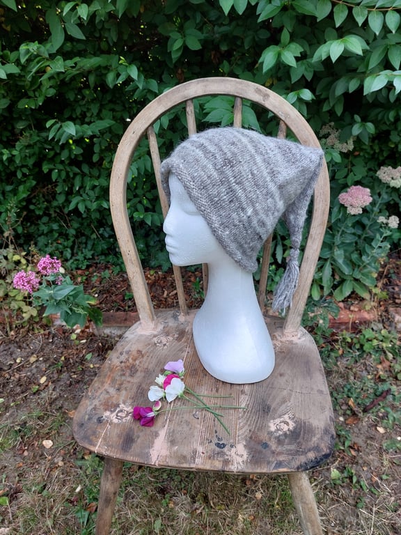 Handspun, Hand-knitted Long-Point Hat with Tassel in Jacobs Wool