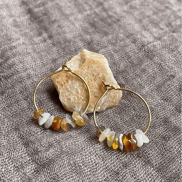 Hoop earrings with natural stones, holiday jewellery, summer earrings, for her