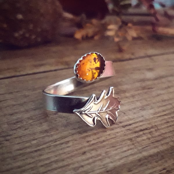 Oak Leaf Amber Ring open adjustable size Q