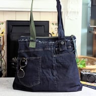 Denim Tote Bag - Oversized Large Shoulder Tote Jeans Bag with Green Straps
