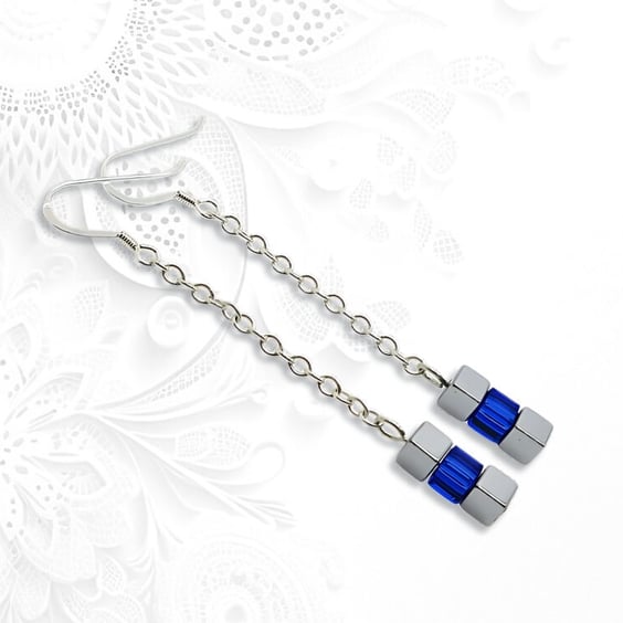 Silver Hematite, Sapphire Blue Swarovski Crystals & S Silver Chain Drop Earrings