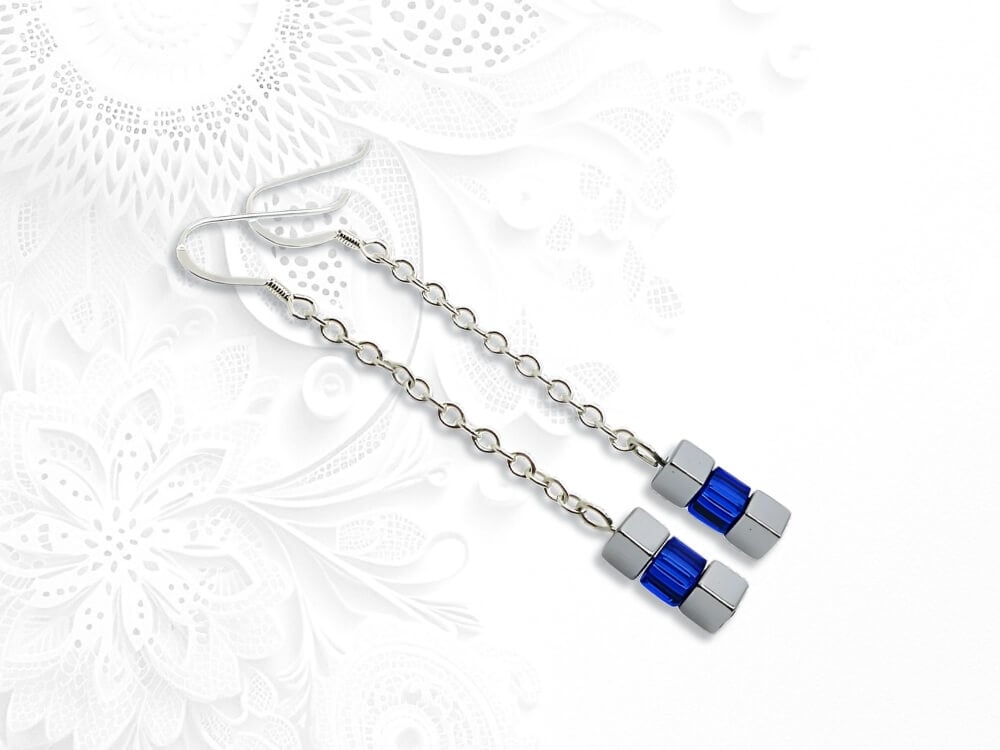 Silver Hematite, Sapphire Blue Swarovski Crystals & S Silver Chain Drop Earrings