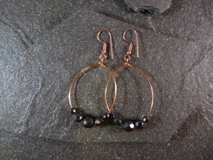Large Hoop Earrings - Haematite Faceted Glass - 40mm - Copper 