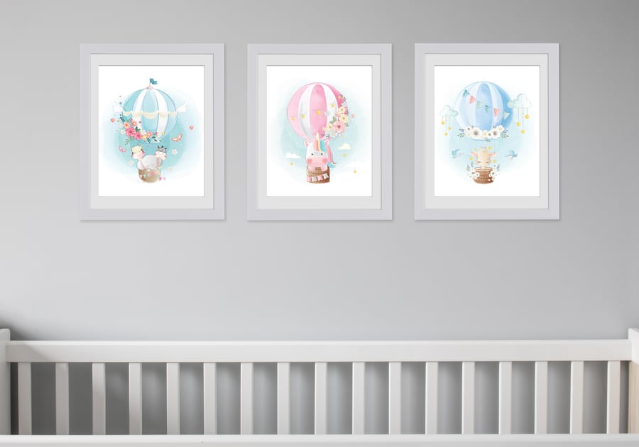 Cute animals in hot air balloons nursery wall prints, animals nursery decor