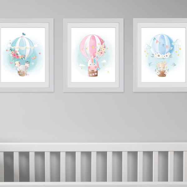 Cute animals in hot air balloons nursery wall prints, animals nursery decor