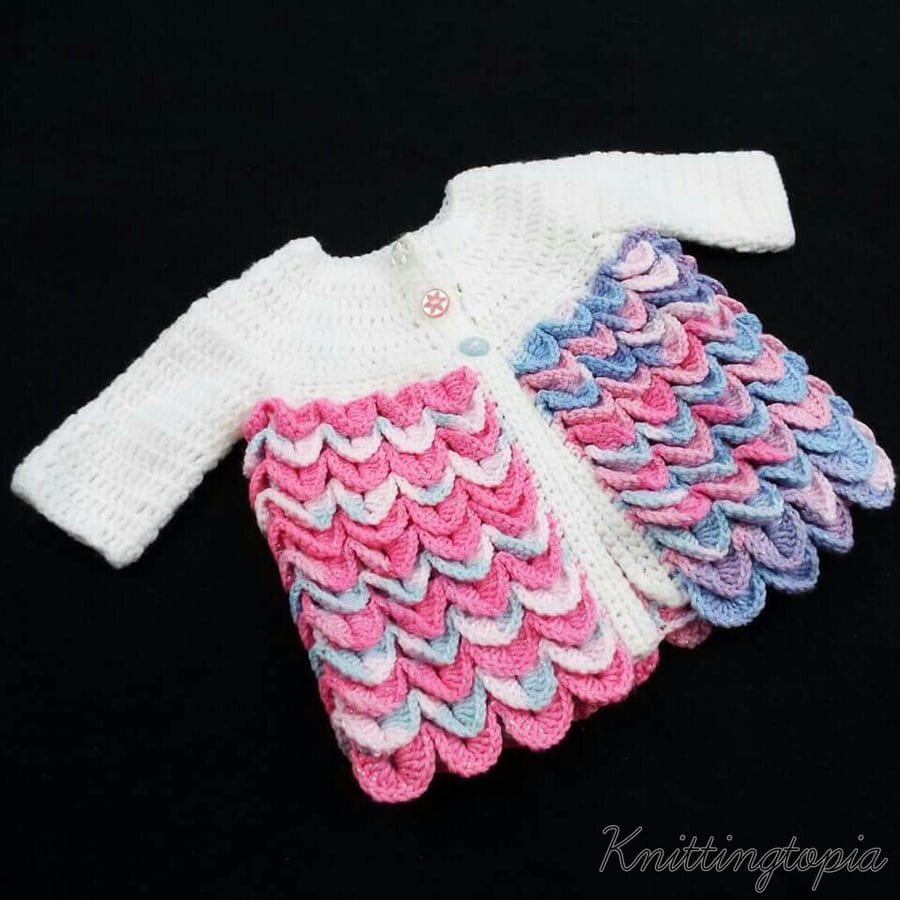 Hand crochet baby girl cardigan crocodile stitch pink white blue 0 - 3 months