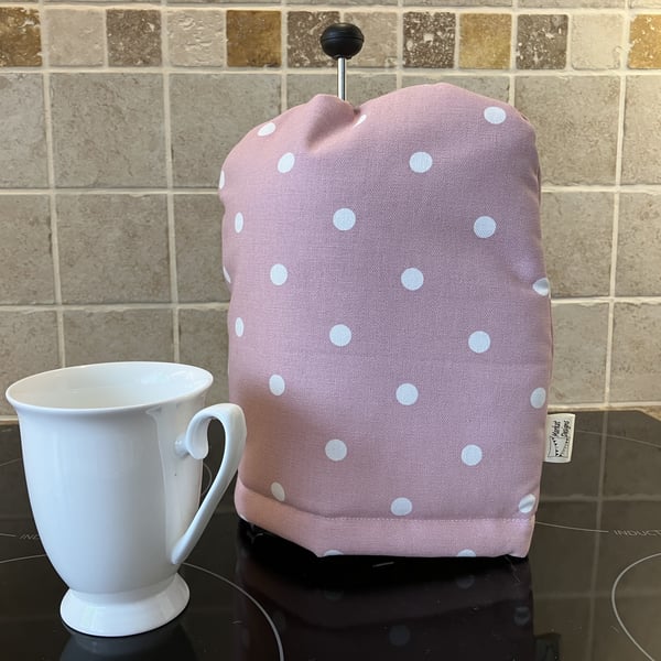 Pink Spotty Cafetiere Cosy, Handmade in the UK