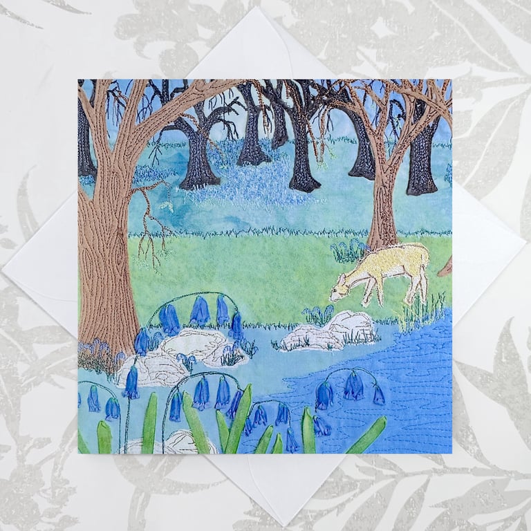 Birthday card - floral bluebell woodland and deer